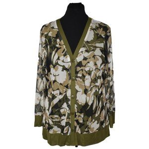 Chicos Camo Mesh Cardigan Womens Petite Olive Green Camouflage Floral 12P 2P NEW